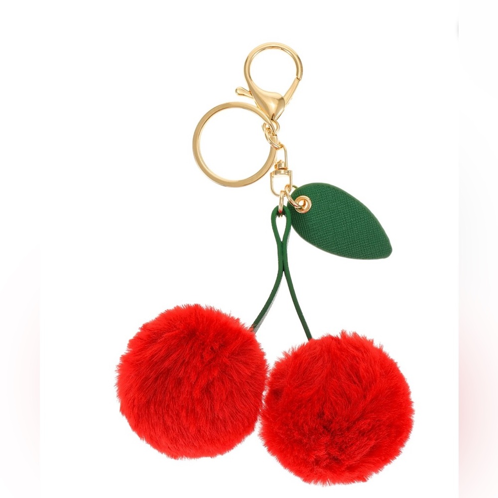 New Red Cherry Pom Pom Keychain